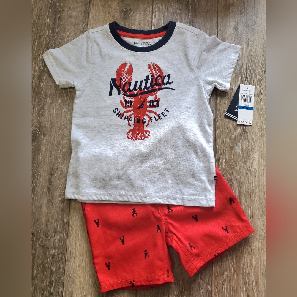 🇺🇲Nautica toddler boy's red shorts and gray 'Lobster' graphic tee Size 24M